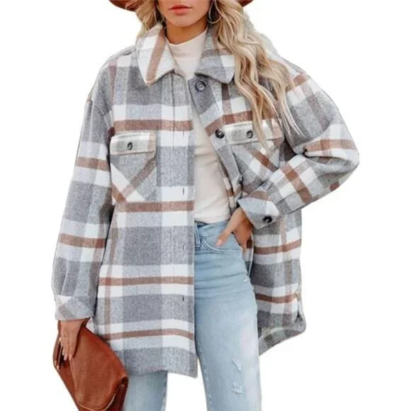 Women's Flannel Plaid Shacket Button Down Long Sleeve Shirt Jacket